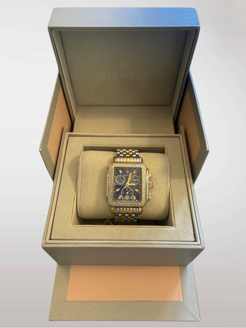 Michele Two-Tone Gold and Silver Chronograph Watch - Blue Dial